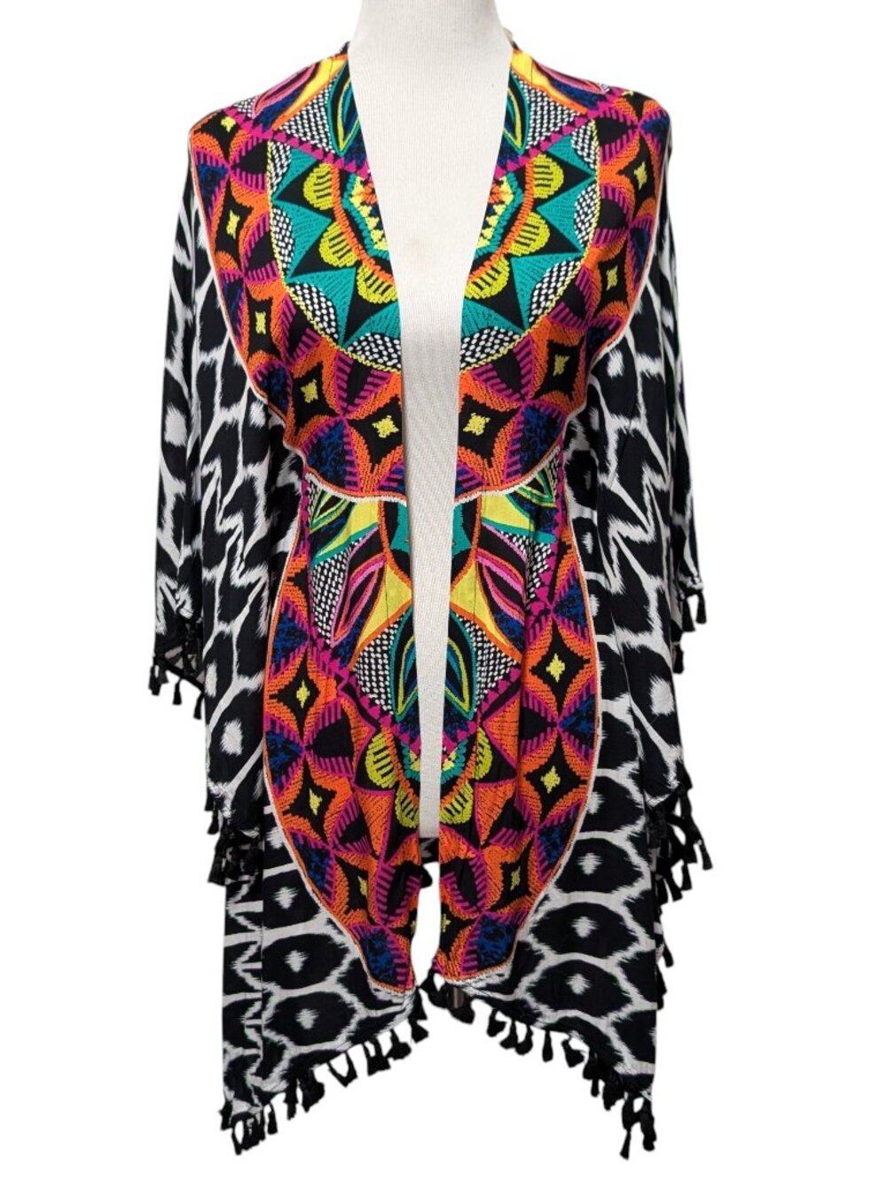 Trina Turk Womens OSFM Multicolor Ethnic Print Fringe Open Coverup Kimono Top